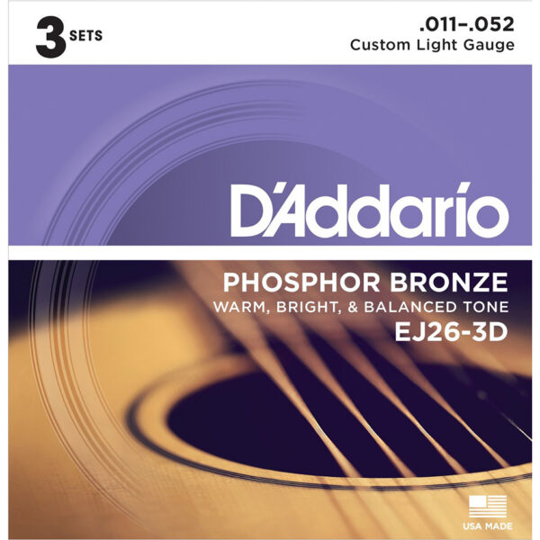 D'Addario EJ26-3D Custom Light Phosphor Bronze 3-Pack