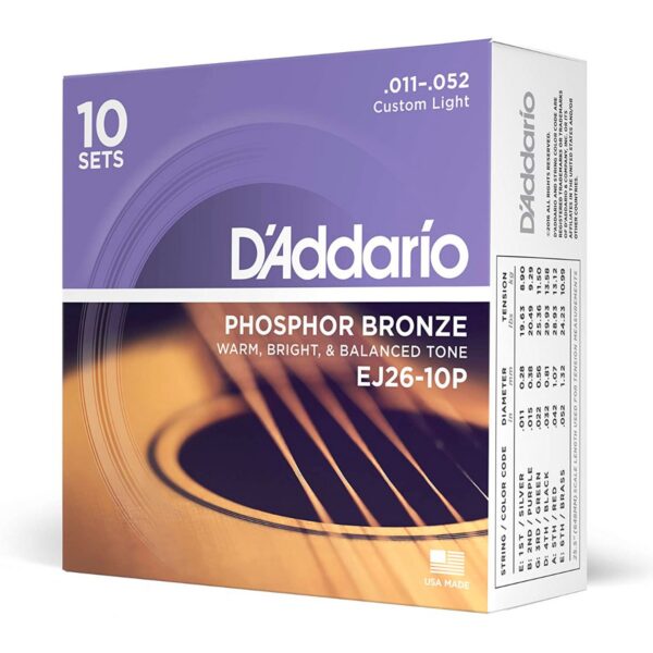 D'Addario EJ26 Phosphor Bronze Custom Light 10-Pack