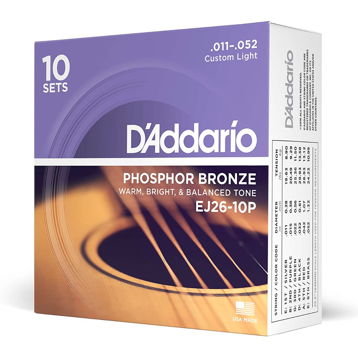 D'Addario EJ26 Phosphor Bronze Custom Light 10-Pack